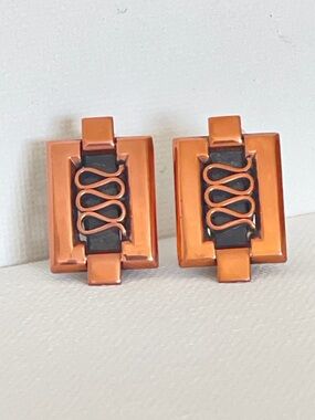 Vintage Renoir Copper Clip-On Earrings MCM Geometric Scroll